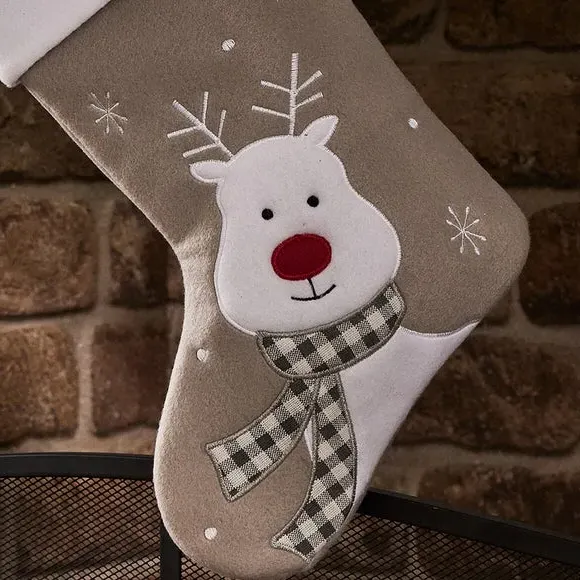 Christmas Stocking with Reindeer - Grey, Fabric