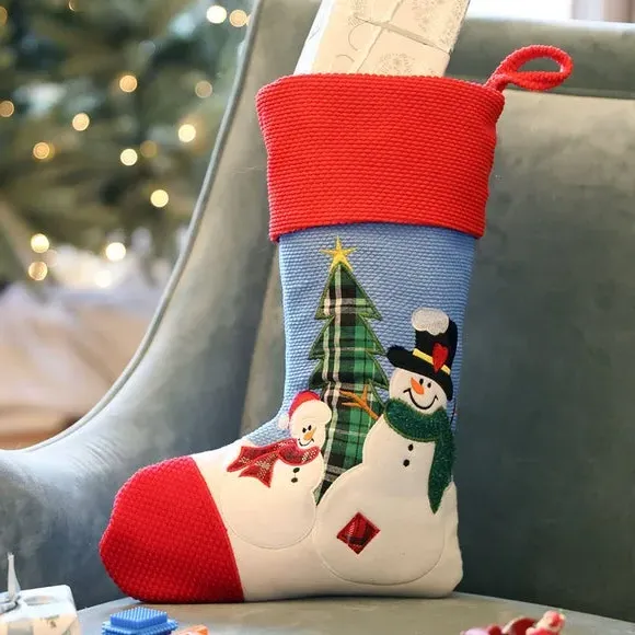 Christmas Stocking with Snowmen - Blue, Felt
