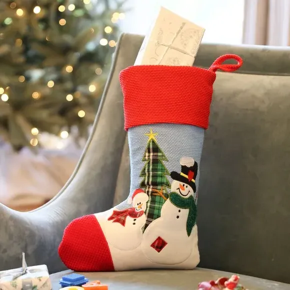 Christmas Stocking with Snowmen - Blue, Felt