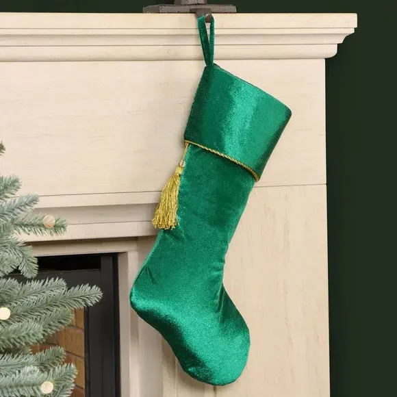 Christmas Stocking with Tassel - Green, Velvet