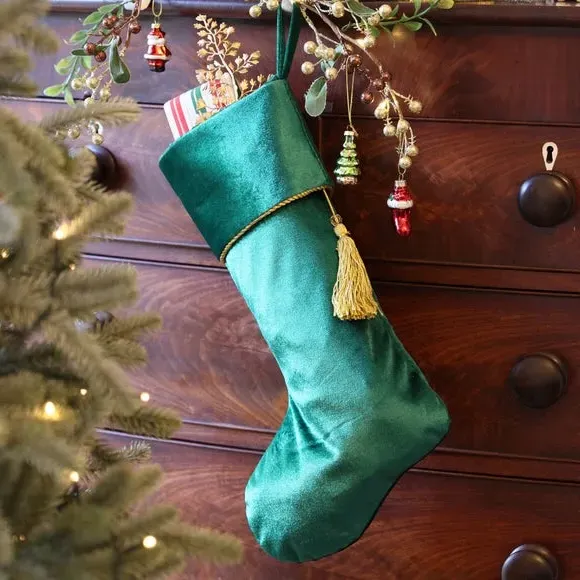 Christmas Stocking with Tassel - Green, Velvet