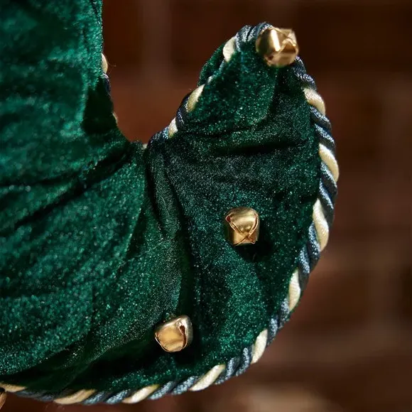 Elf Boot Christmas Stocking with Bells - Green, Velvet