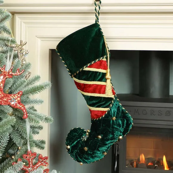 Elf Boot Christmas Stocking with Bells - Green, Velvet