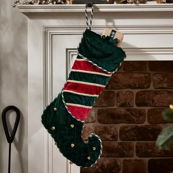 Elf Boot Christmas Stocking with Bells - Green, Velvet image