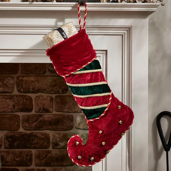 Elf Boot Christmas Stocking with Bells - Red, Velvet