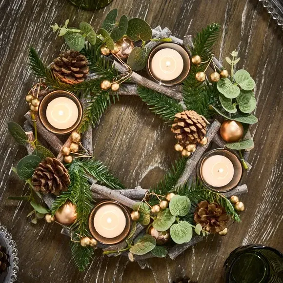 Eucalyptus Candle Holder Wreath - Gold, Glass