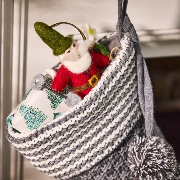 Knitted Christmas Stocking with Pompom - Grey