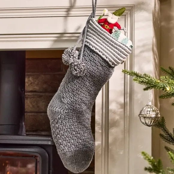 Knitted Christmas Stocking with Pompom - Grey image