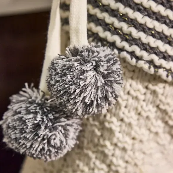 Knitted Christmas Stocking with Pompom - White