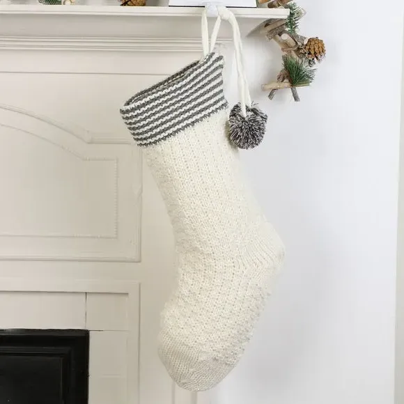 Knitted Christmas Stocking with Pompom - White