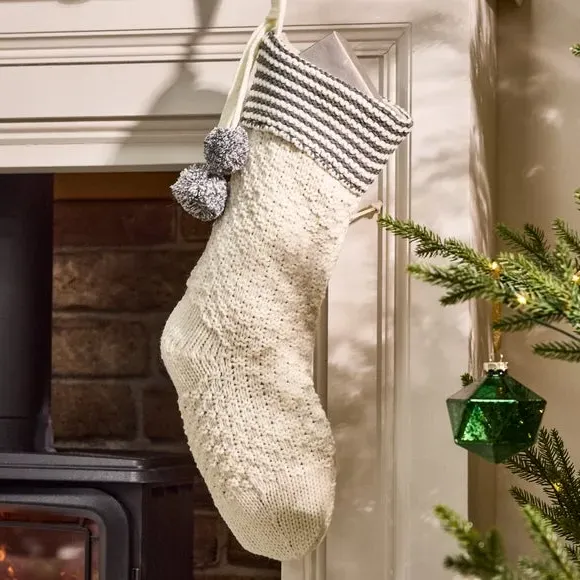 Knitted Christmas Stocking with Pompom - White