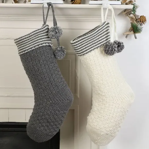 Set of 2 Christmas Stockings - White, Knitted