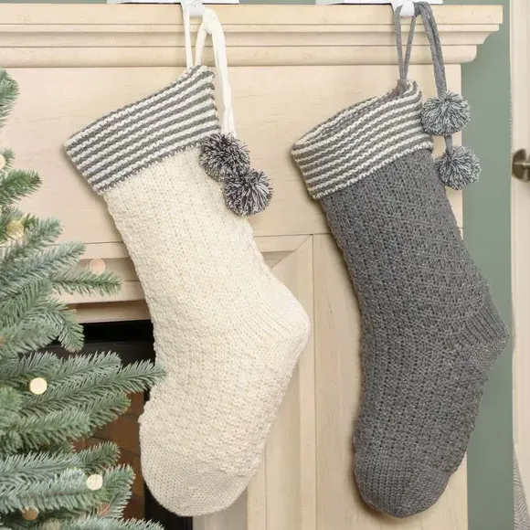 Set of 2 Christmas Stockings - White, Knitted