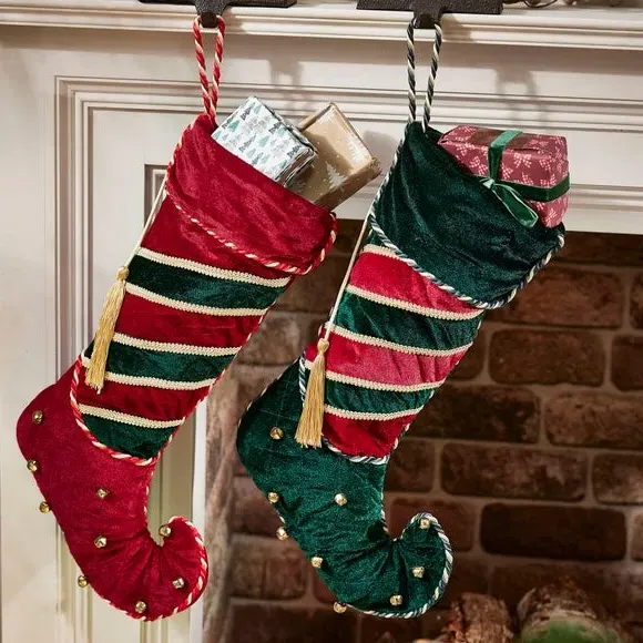 Set of 2 Elf Boot Christmas Stockings - Red, Velvet image