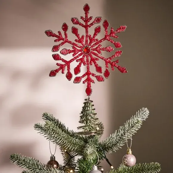 Snowflake Tree Topper with Glass Beads - Red, Metal