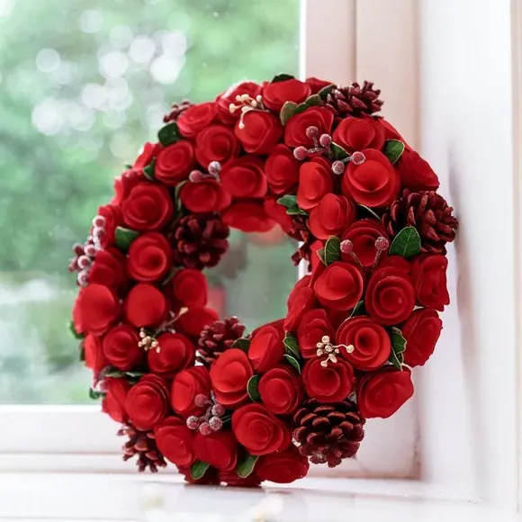 Winter Rose Wreath - Red, Wood