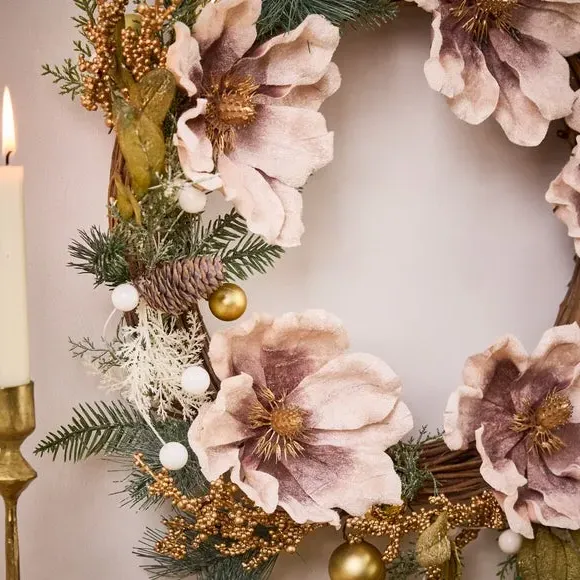 Wreath & Garland Set with Baubles - Pink, Faux