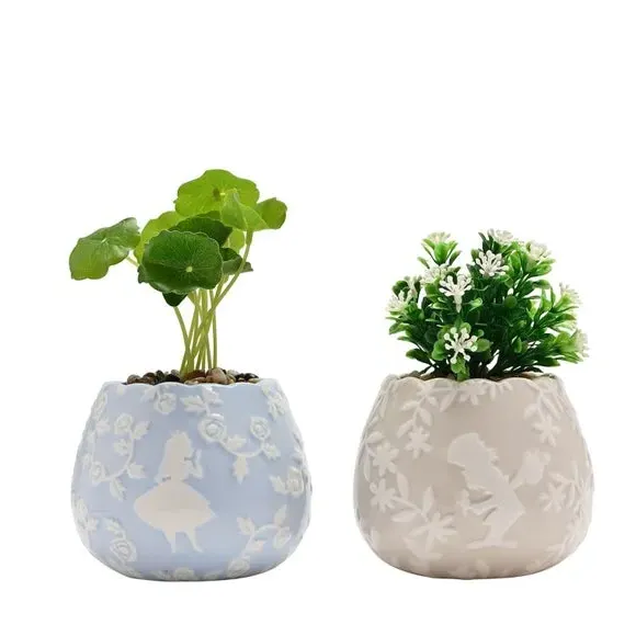 Set of 2 Plant Pots with Artificial Plants - Blue