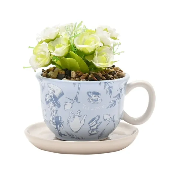 Teacup Plant Pot with Artificial Flowers - Blue