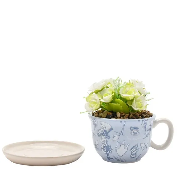 Teacup Plant Pot with Artificial Flowers - Blue