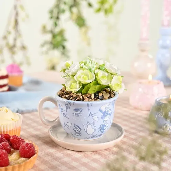 Teacup Plant Pot with Artificial Flowers - Blue