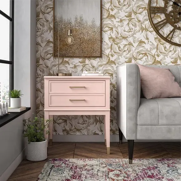 1 Drawer Bedside Table with Gold Accents - Pink