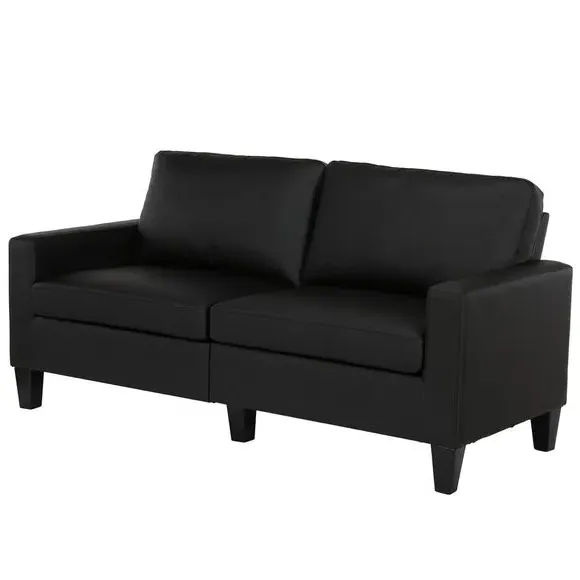 2-Seater Sofa with Wooden Legs - Black, Faux Leather