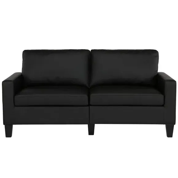 2-Seater Sofa with Wooden Legs - Black, Faux Leather