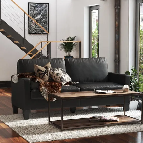 2-Seater Sofa with Wooden Legs - Black, Faux Leather image