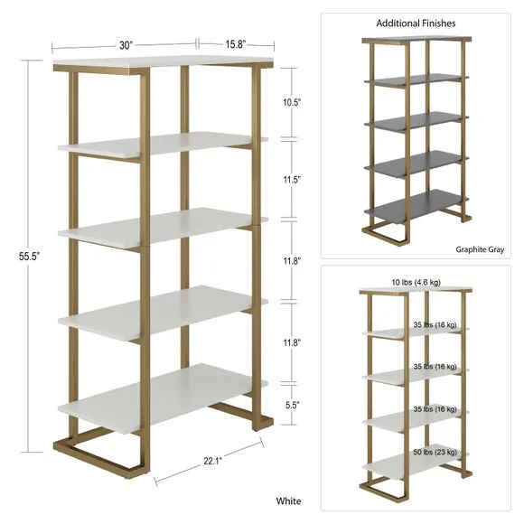 5-Shelf Bookcase with Metal Legs - White