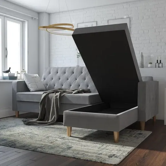 Corner Chaise Futon with Storage - Grey, Chenille