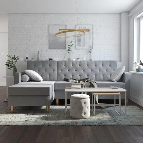 Corner Chaise Futon with Storage - Grey, Chenille