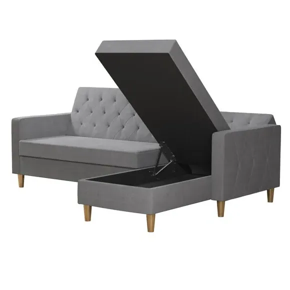 Corner Chaise Futon with Storage - Grey, Chenille