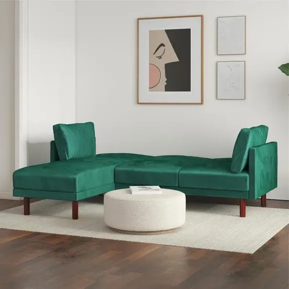 Corner Chaise Sofa Bed with Storage - Green, Velvet