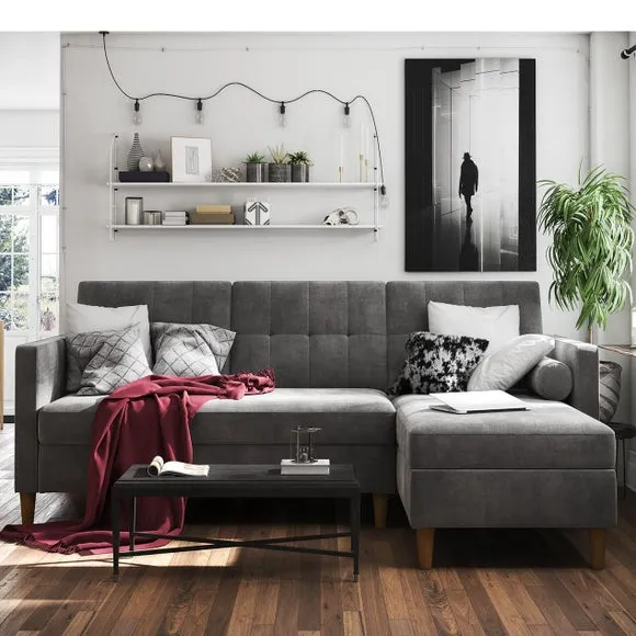 Corner Sofa Bed with Storage - Grey, Chenille
