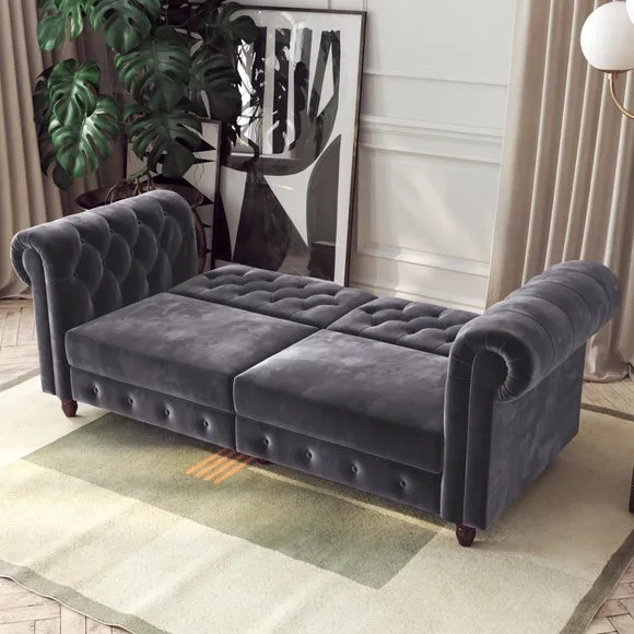 Double Chesterfield Sofa Bed - Grey, Velvet