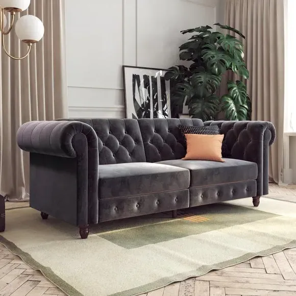 Double Chesterfield Sofa Bed - Grey, Velvet