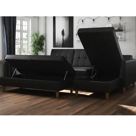 L-Shaped Sofa Bed with Storage - Black, Faux Leather