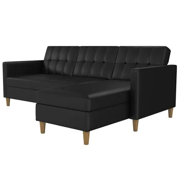 L-Shaped Sofa Bed with Storage - Black, Faux Leather