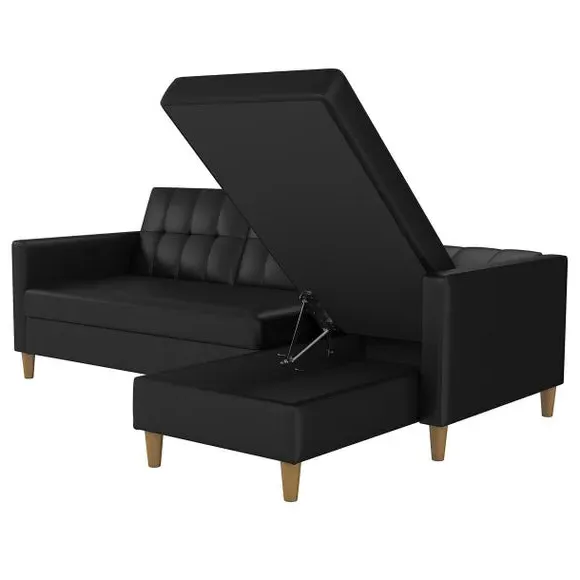 L-Shaped Sofa Bed with Storage - Black, Faux Leather