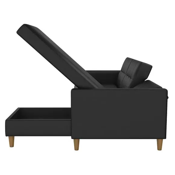 L-Shaped Sofa Bed with Storage - Black, Faux Leather