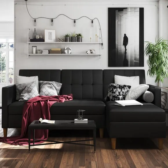 L-Shaped Sofa Bed with Storage - Black, Faux Leather image