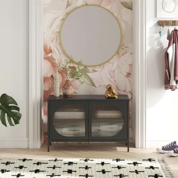 Low Sideboard with Fluted Doors - Black, Glass image