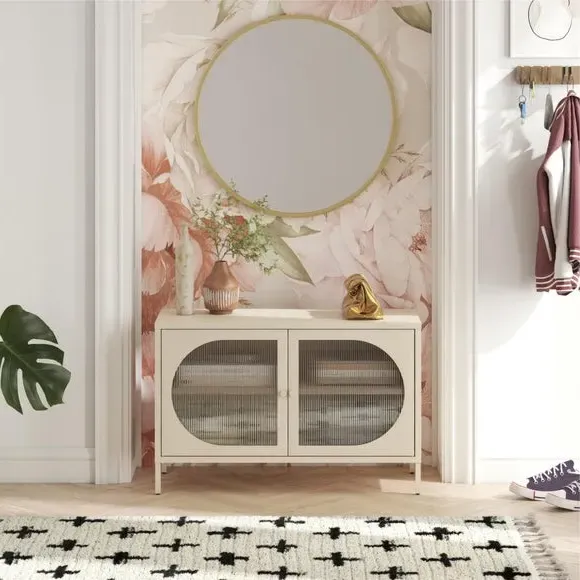 Low Sideboard with Fluted Doors - Parchment, Glass