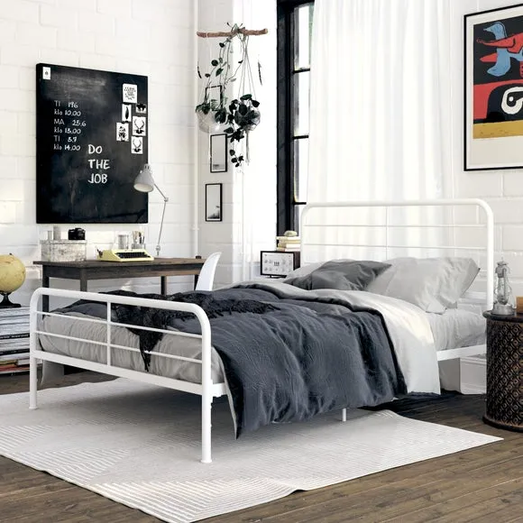 Metal Bed Frame with Slat Support - White