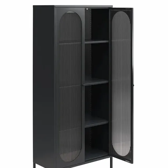 Tall Fluted Sideboard with Doors - Black, Glass