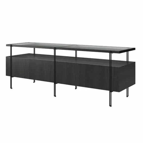 TV Unit with Glass Top - Black, Oak Effect