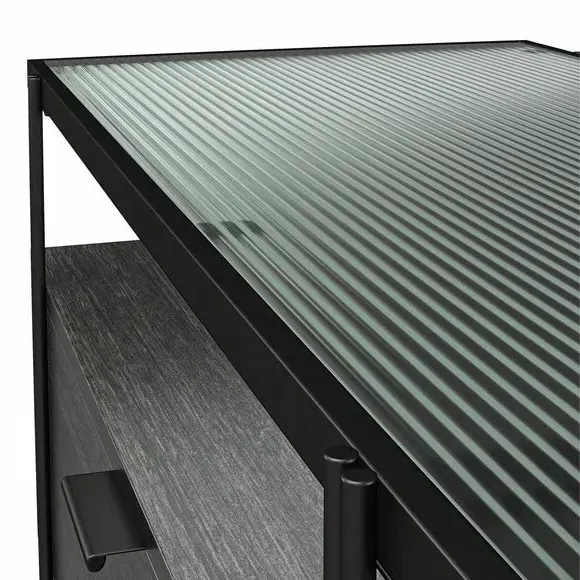 TV Unit with Glass Top - Black, Oak Effect