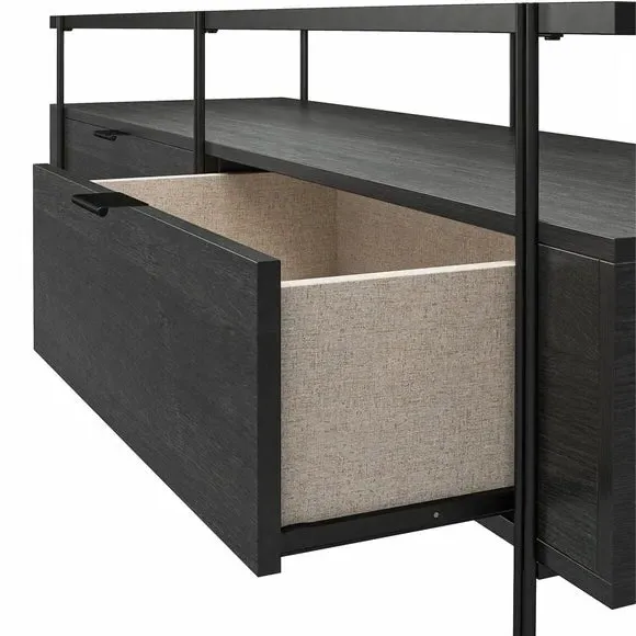TV Unit with Glass Top - Black, Oak Effect
