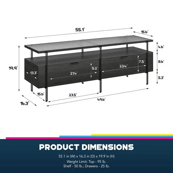 TV Unit with Glass Top - Black, Oak Effect